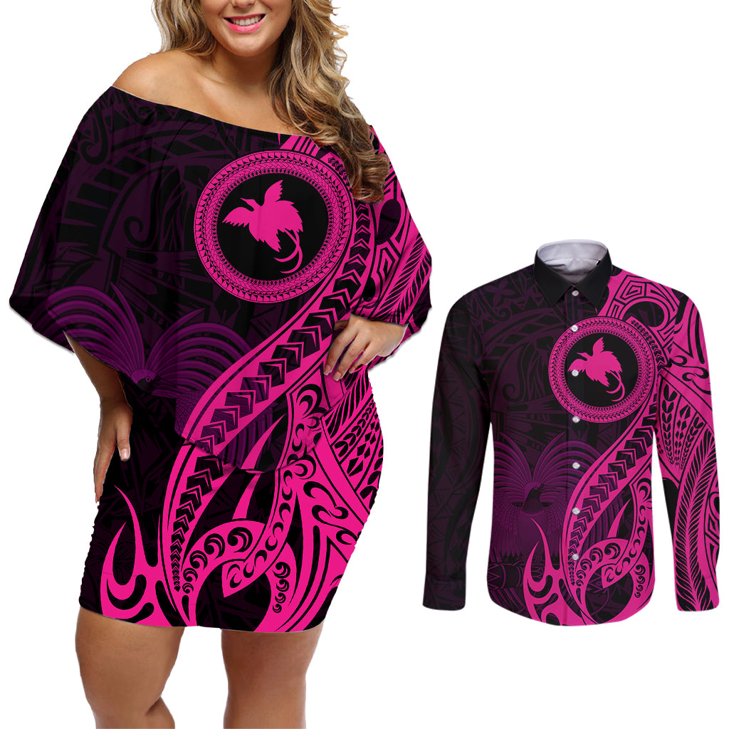 Papua New Guinea Island Couples Matching Off Shoulder Short Dress and Long Sleeve Button Shirts Bird of Paradise with Pink Polynesian Tribal LT9 - Wonder Print Shop