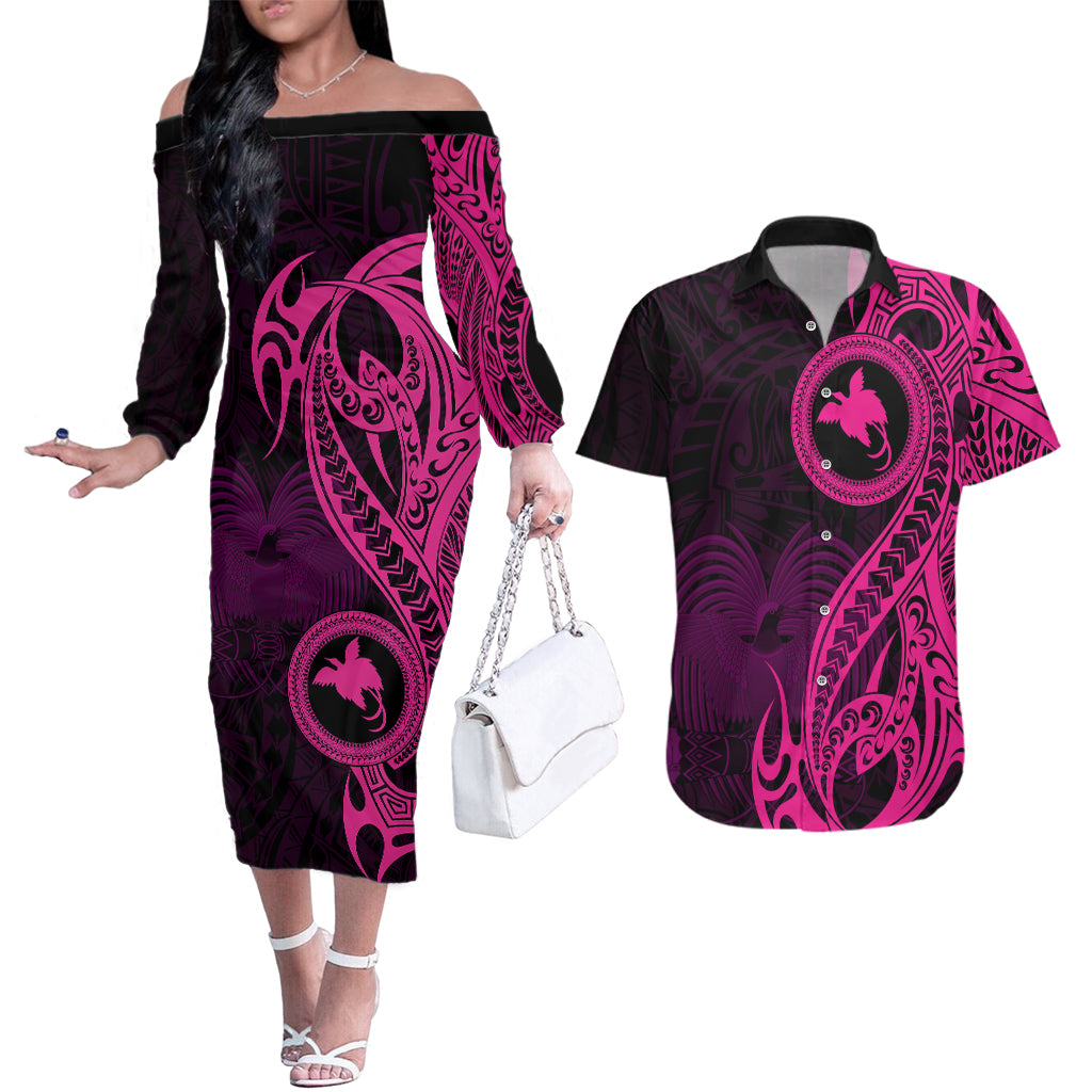 Papua New Guinea Island Couples Matching Off The Shoulder Long Sleeve Dress and Hawaiian Shirt Bird of Paradise with Pink Polynesian Tribal LT9 - Wonder Print Shop