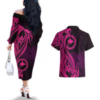Papua New Guinea Island Couples Matching Off The Shoulder Long Sleeve Dress and Hawaiian Shirt Bird of Paradise with Pink Polynesian Tribal LT9 - Wonder Print Shop