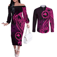 papua-new-guinea-island-couples-matching-off-the-shoulder-long-sleeve-dress-and-long-sleeve-button-shirts-bird-of-paradise-with-pink-polynesian-tribal