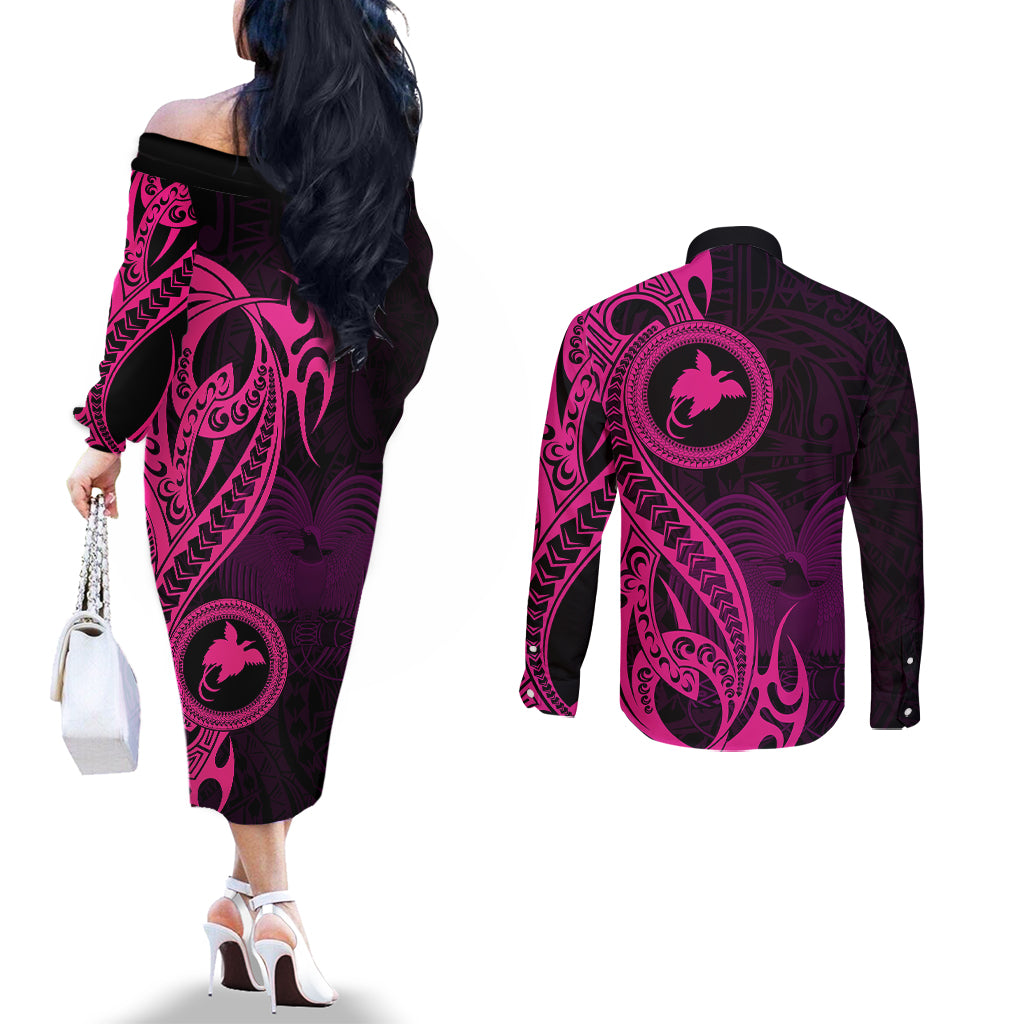 papua-new-guinea-island-couples-matching-off-the-shoulder-long-sleeve-dress-and-long-sleeve-button-shirts-bird-of-paradise-with-pink-polynesian-tribal