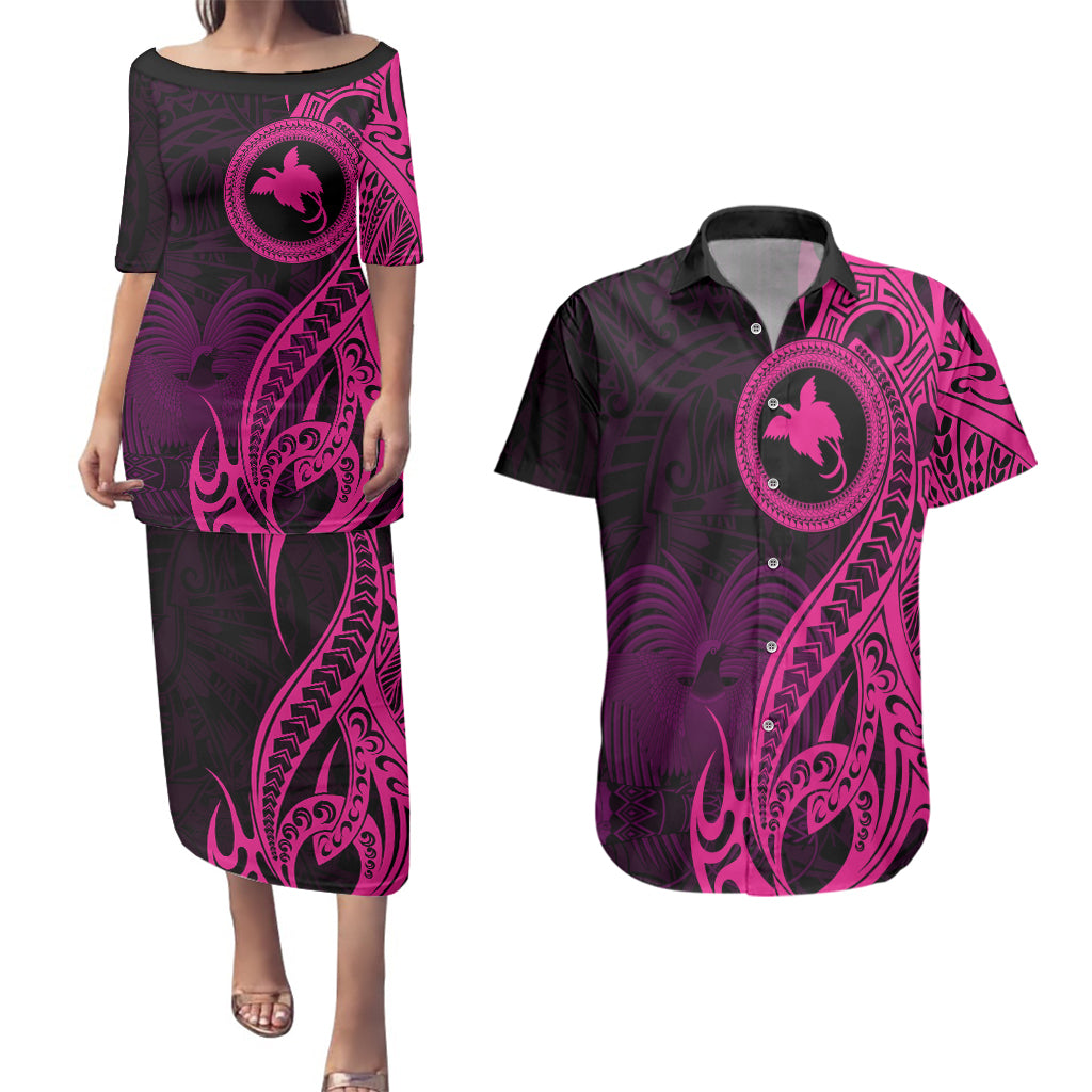 Papua New Guinea Island Couples Matching Puletasi Dress and Hawaiian Shirt Bird of Paradise with Pink Polynesian Tribal LT9 - Wonder Print Shop
