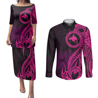 Papua New Guinea Island Couples Matching Puletasi Dress and Long Sleeve Button Shirts Bird of Paradise with Pink Polynesian Tribal LT9 - Wonder Print Shop