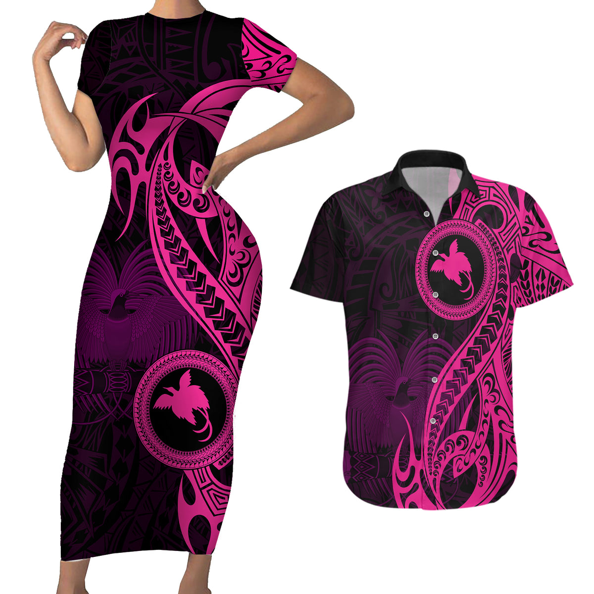Papua New Guinea Island Couples Matching Short Sleeve Bodycon Dress and Hawaiian Shirt Bird of Paradise with Pink Polynesian Tribal LT9 - Wonder Print Shop