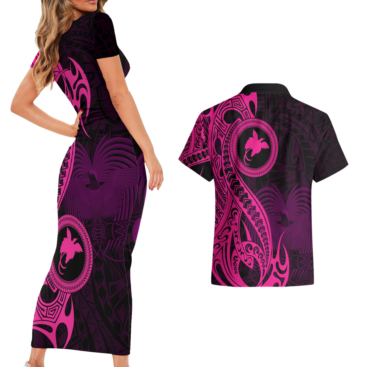 Papua New Guinea Island Couples Matching Short Sleeve Bodycon Dress and Hawaiian Shirt Bird of Paradise with Pink Polynesian Tribal LT9 - Wonder Print Shop