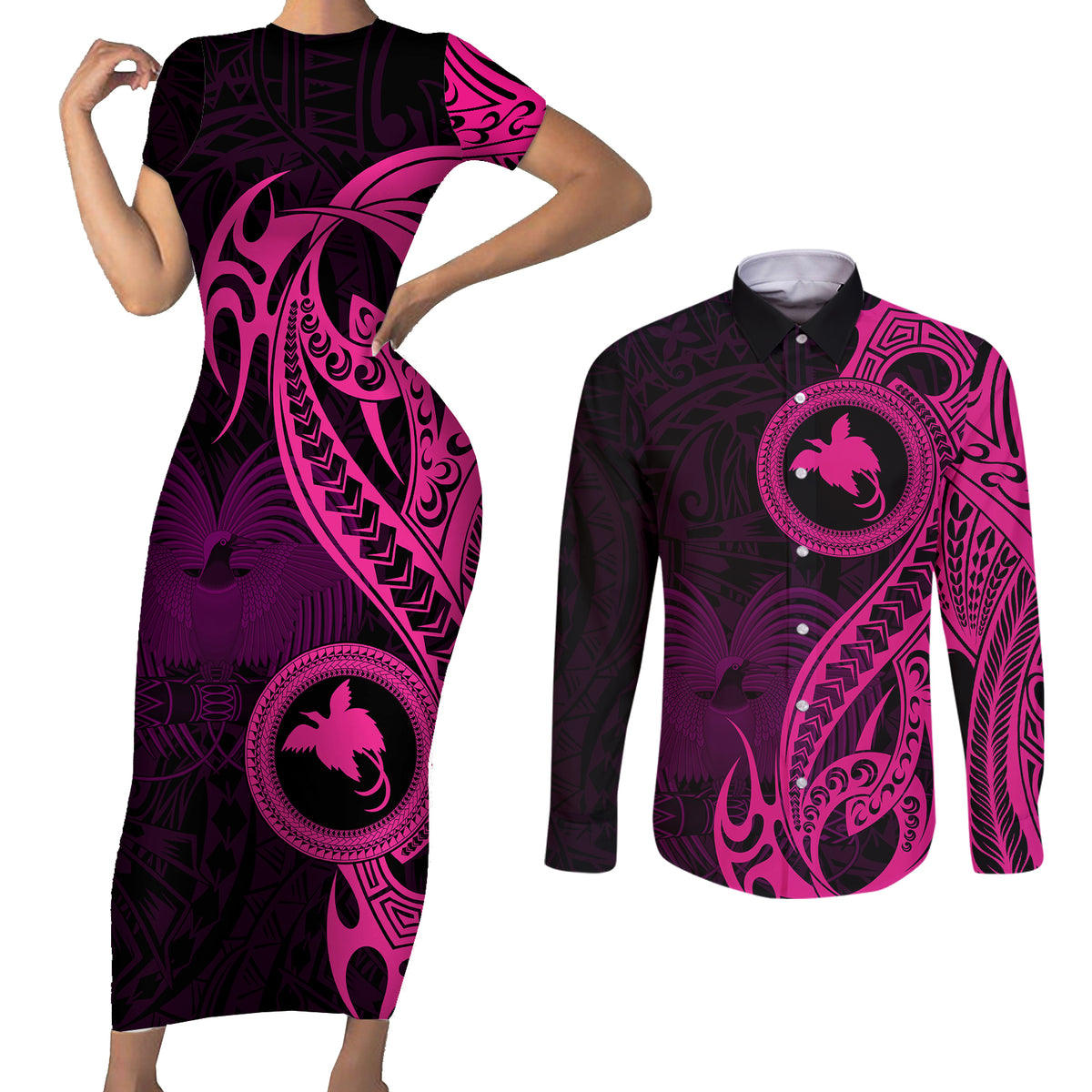 Papua New Guinea Island Couples Matching Short Sleeve Bodycon Dress and Long Sleeve Button Shirts Bird of Paradise with Pink Polynesian Tribal LT9 - Wonder Print Shop