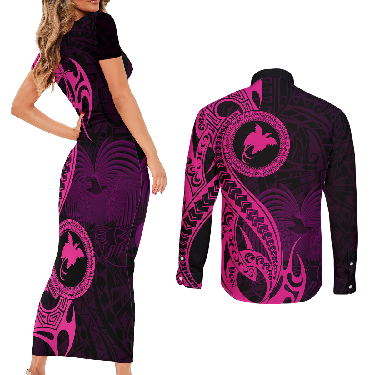 Papua New Guinea Island Couples Matching Short Sleeve Bodycon Dress and Long Sleeve Button Shirts Bird of Paradise with Pink Polynesian Tribal LT9 - Wonder Print Shop