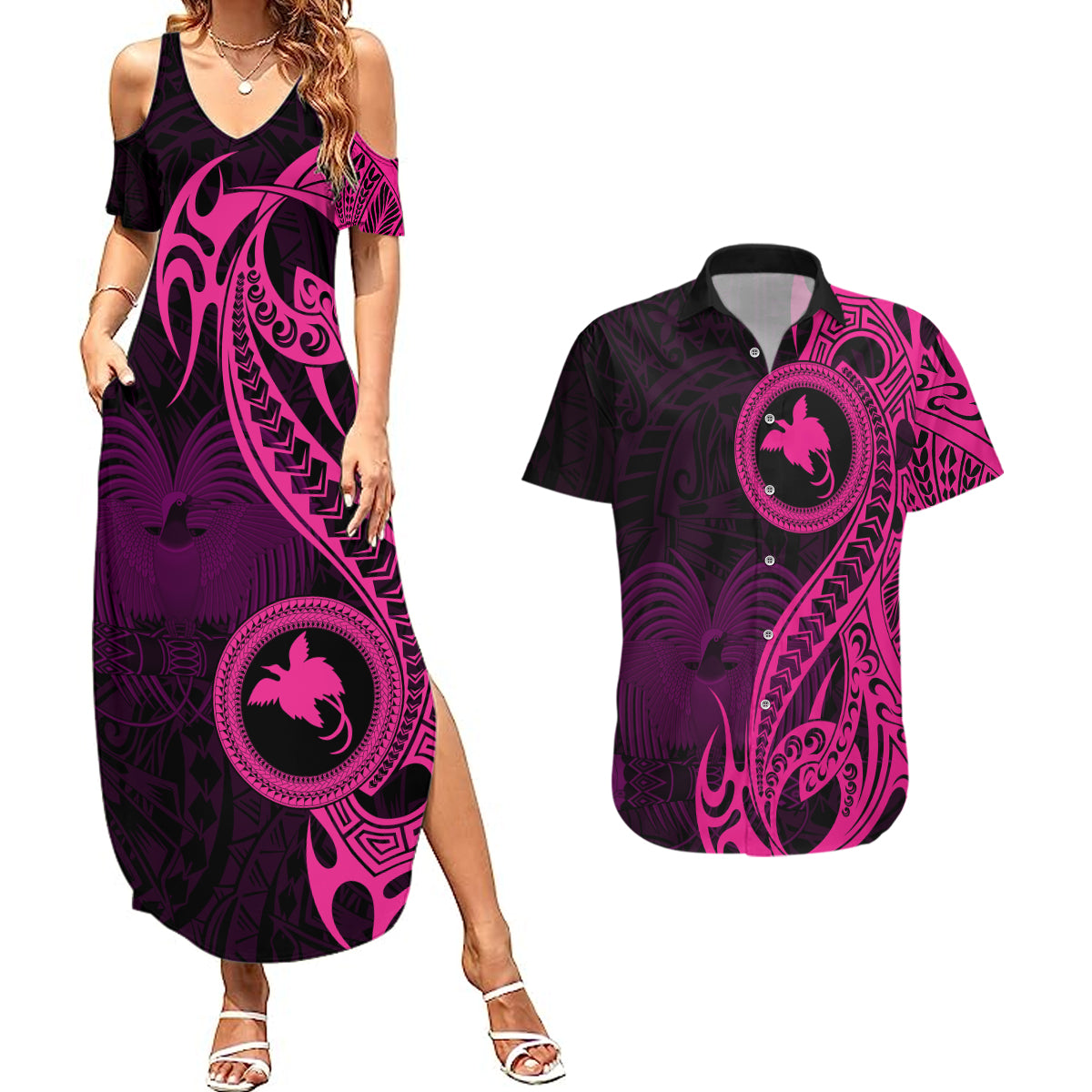 Papua New Guinea Island Couples Matching Summer Maxi Dress and Hawaiian Shirt Bird of Paradise with Pink Polynesian Tribal LT9 - Wonder Print Shop