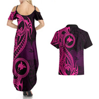 Papua New Guinea Island Couples Matching Summer Maxi Dress and Hawaiian Shirt Bird of Paradise with Pink Polynesian Tribal LT9 - Wonder Print Shop
