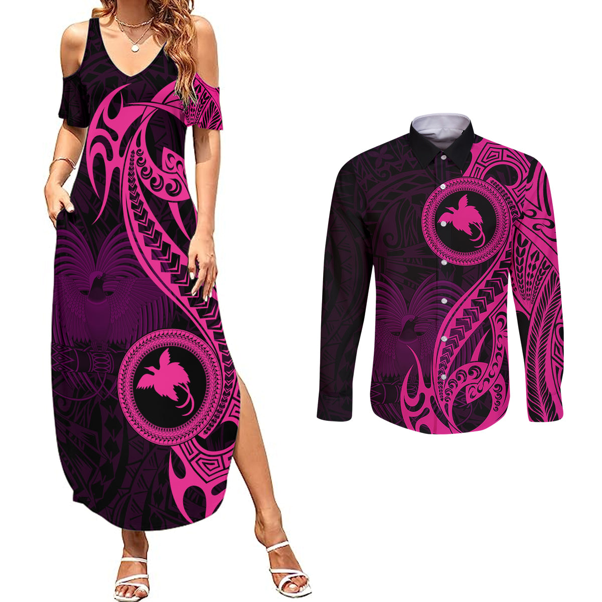 Papua New Guinea Island Couples Matching Summer Maxi Dress and Long Sleeve Button Shirts Bird of Paradise with Pink Polynesian Tribal LT9 - Wonder Print Shop