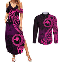Papua New Guinea Island Couples Matching Summer Maxi Dress and Long Sleeve Button Shirts Bird of Paradise with Pink Polynesian Tribal LT9 - Wonder Print Shop
