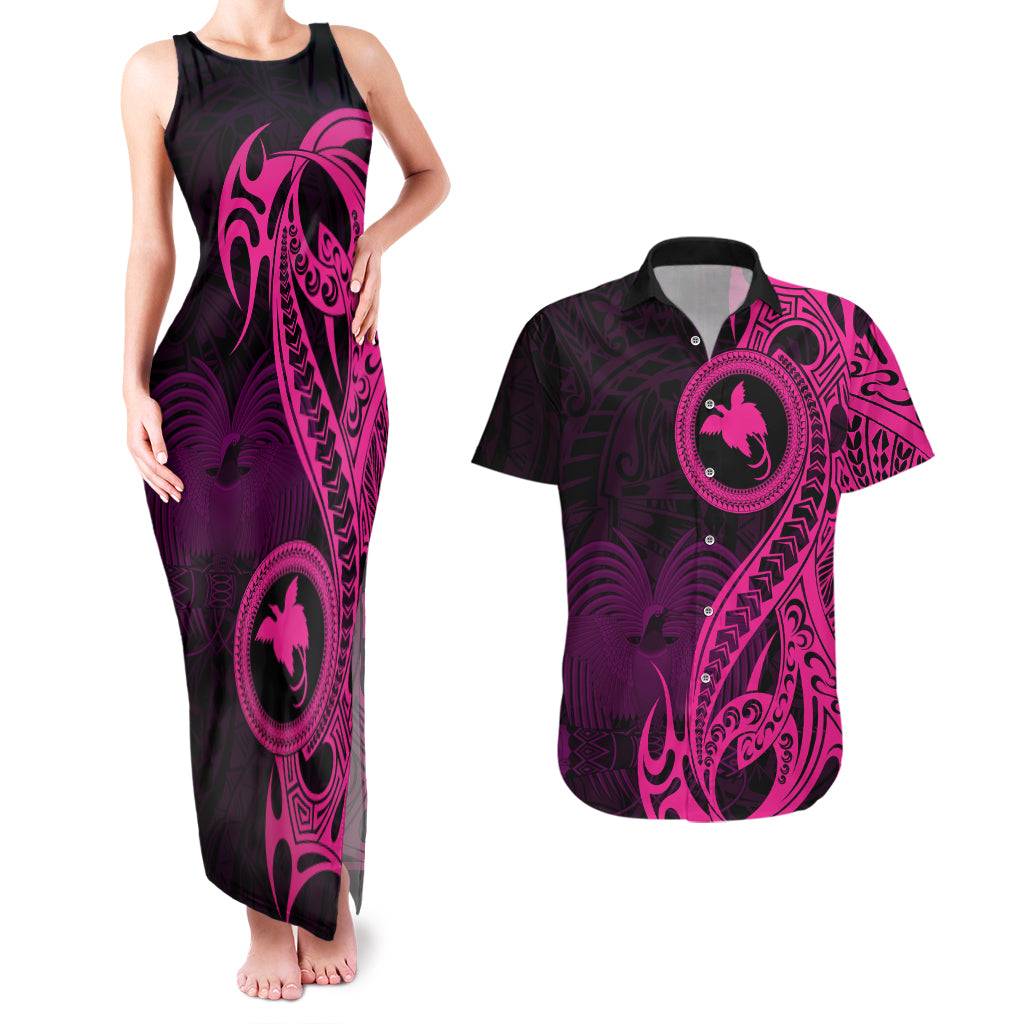 Papua New Guinea Island Couples Matching Tank Maxi Dress and Hawaiian Shirt Bird of Paradise with Pink Polynesian Tribal LT9 - Wonder Print Shop