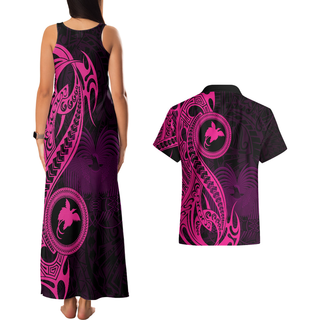 Papua New Guinea Island Couples Matching Tank Maxi Dress and Hawaiian Shirt Bird of Paradise with Pink Polynesian Tribal LT9 - Wonder Print Shop