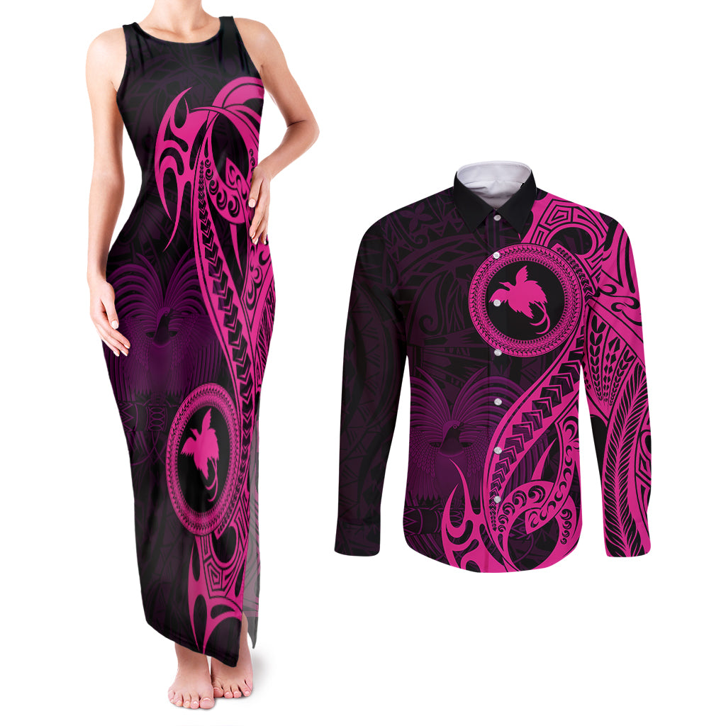 Papua New Guinea Island Couples Matching Tank Maxi Dress and Long Sleeve Button Shirts Bird of Paradise with Pink Polynesian Tribal LT9 - Wonder Print Shop