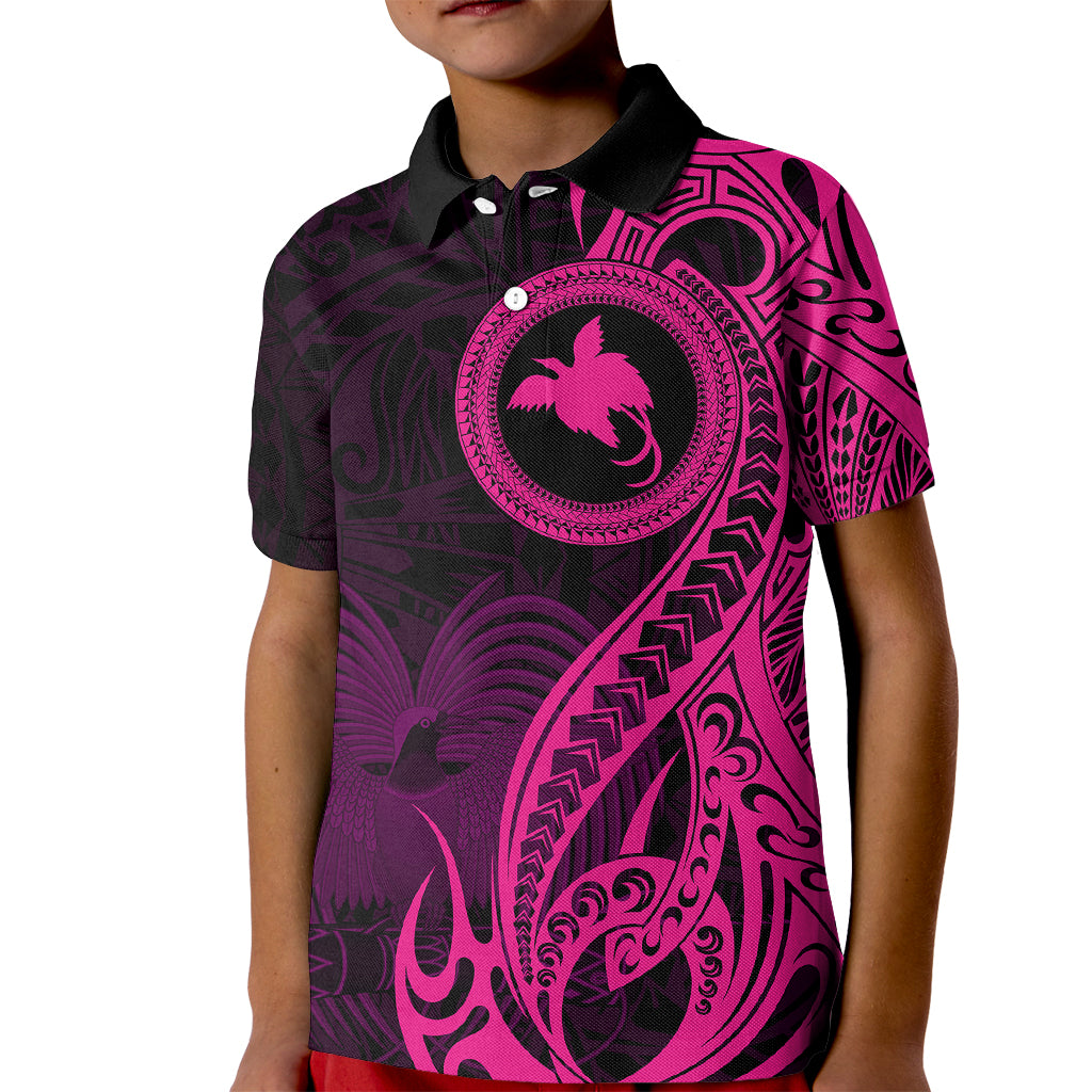 Papua New Guinea Island Kid Polo Shirt Bird of Paradise with Pink Polynesian Tribal - Wonder Print Shop