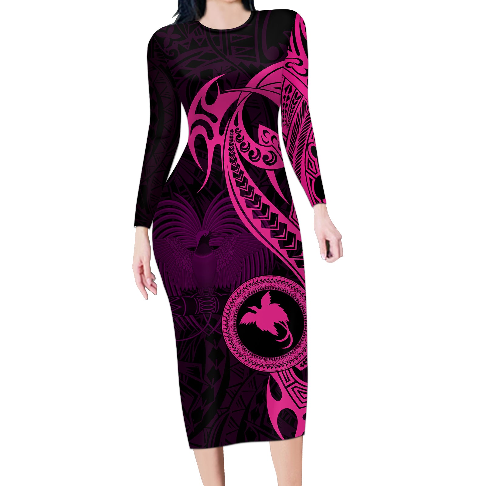 Papua New Guinea Island Long Sleeve Bodycon Dress Bird of Paradise with Pink Polynesian Tribal - Wonder Print Shop