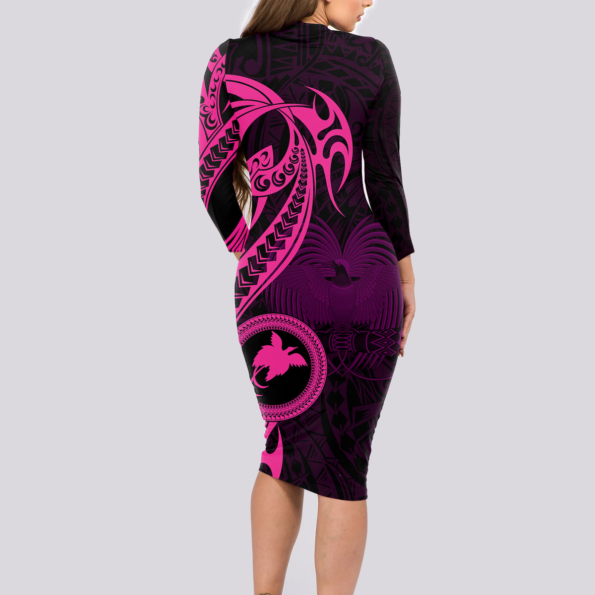 Papua New Guinea Island Long Sleeve Bodycon Dress Bird of Paradise with Pink Polynesian Tribal - Wonder Print Shop