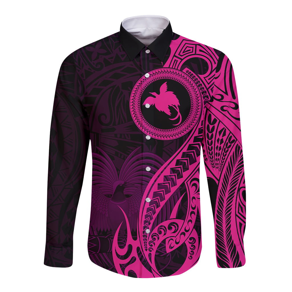 Papua New Guinea Island Long Sleeve Button Shirt Bird of Paradise with Pink Polynesian Tribal - Wonder Print Shop