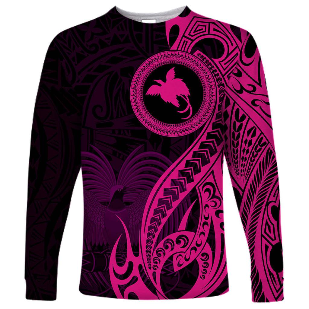 Papua New Guinea Island Long Sleeve Shirt Bird of Paradise with Pink Polynesian Tribal - Wonder Print Shop