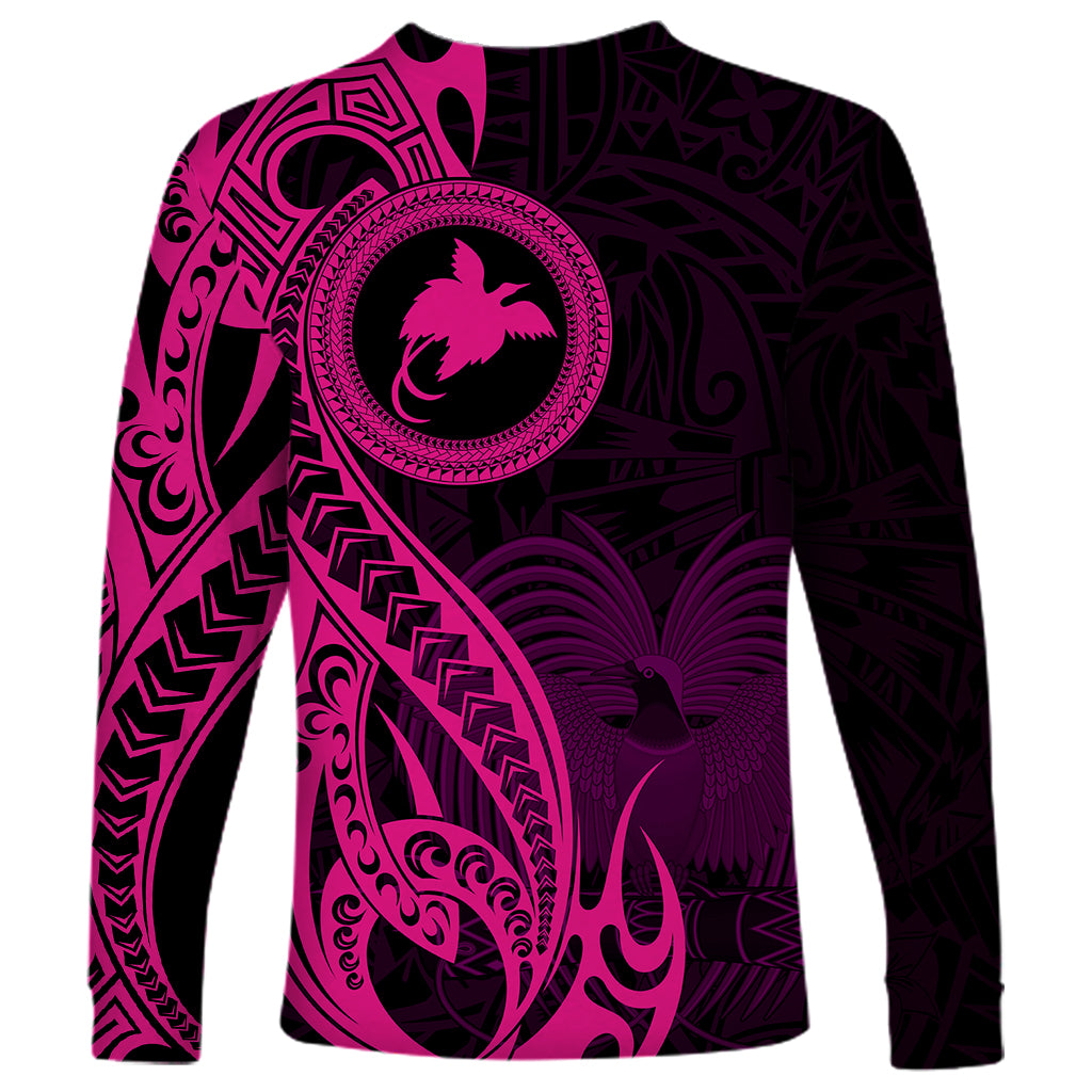 Papua New Guinea Island Long Sleeve Shirt Bird of Paradise with Pink Polynesian Tribal - Wonder Print Shop