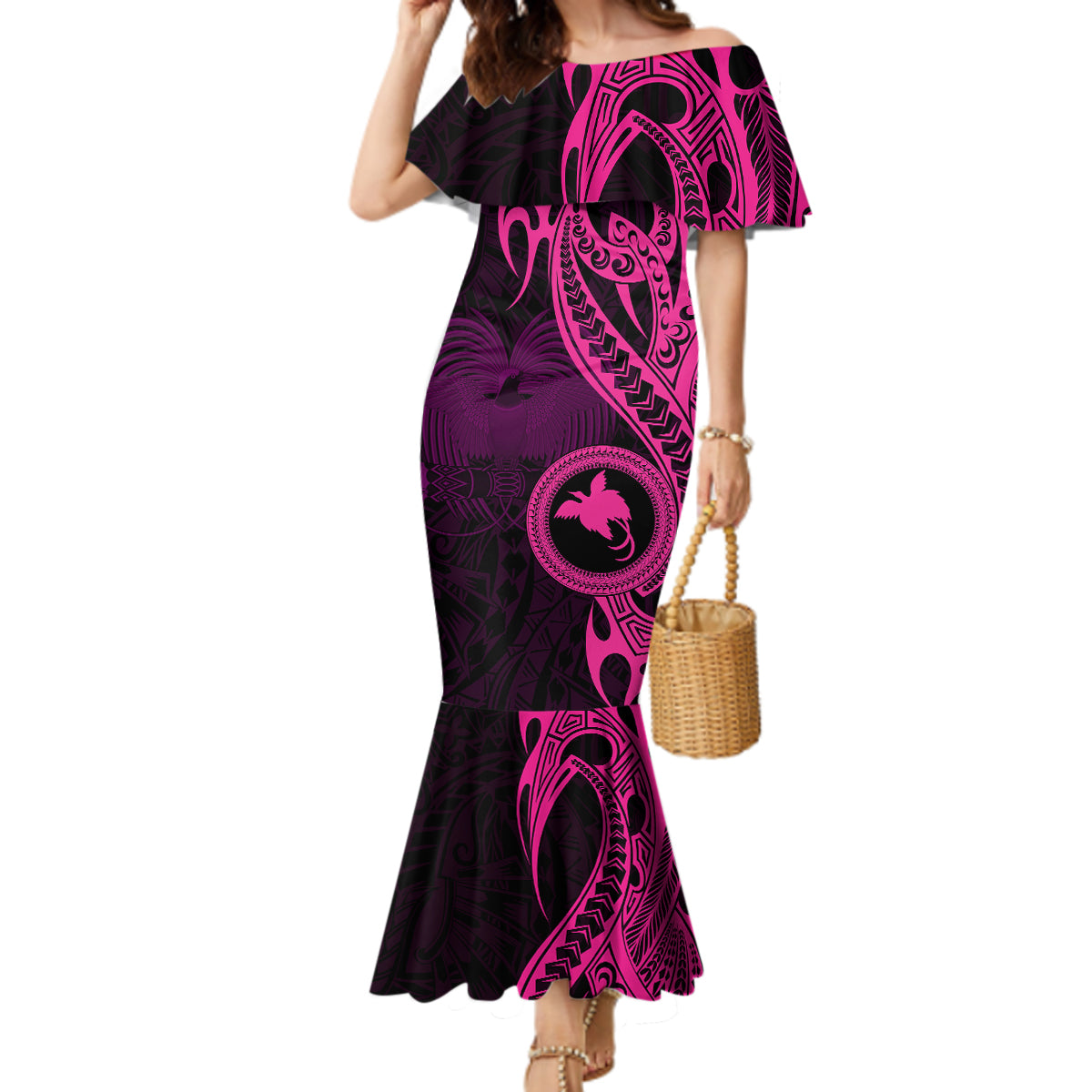 Papua New Guinea Island Mermaid Dress Bird of Paradise with Pink Polynesian Tribal - Wonder Print Shop