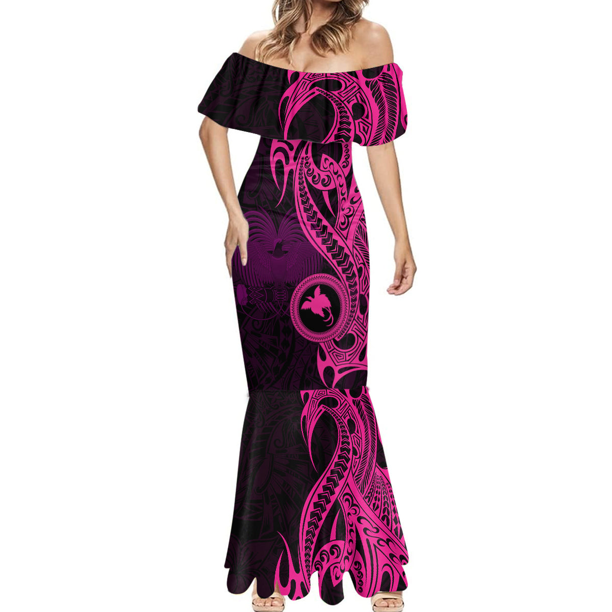 Papua New Guinea Island Mermaid Dress Bird of Paradise with Pink Polynesian Tribal - Wonder Print Shop