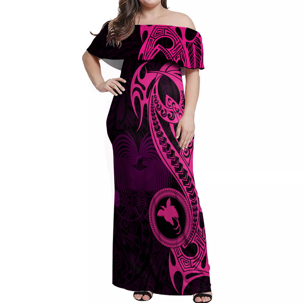 Papua New Guinea Island Off Shoulder Maxi Dress Bird of Paradise with Pink Polynesian Tribal - Wonder Print Shop