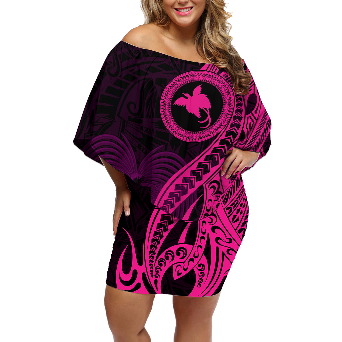 Papua New Guinea Island Off Shoulder Short Dress Bird of Paradise with Pink Polynesian Tribal - Wonder Print Shop