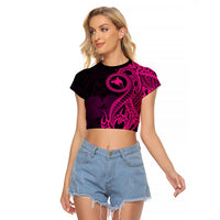 Papua New Guinea Island Raglan Cropped T Shirt Bird of Paradise with Pink Polynesian Tribal - Wonder Print Shop