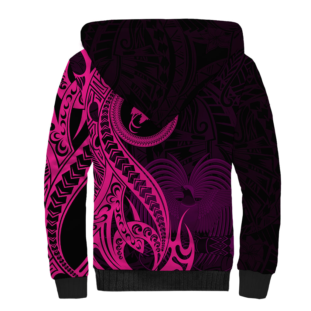 Papua New Guinea Island Sherpa Hoodie Bird of Paradise with Pink Polynesian Tribal - Wonder Print Shop