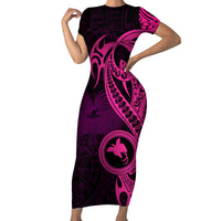 Papua New Guinea Island Short Sleeve Bodycon Dress Bird of Paradise with Pink Polynesian Tribal - Wonder Print Shop