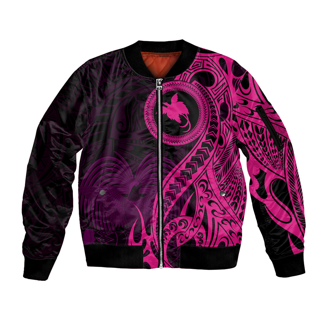 Papua New Guinea Island Sleeve Zip Bomber Jacket Bird of Paradise with Pink Polynesian Tribal - Wonder Print Shop