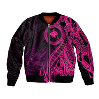 Papua New Guinea Island Sleeve Zip Bomber Jacket Bird of Paradise with Pink Polynesian Tribal - Wonder Print Shop
