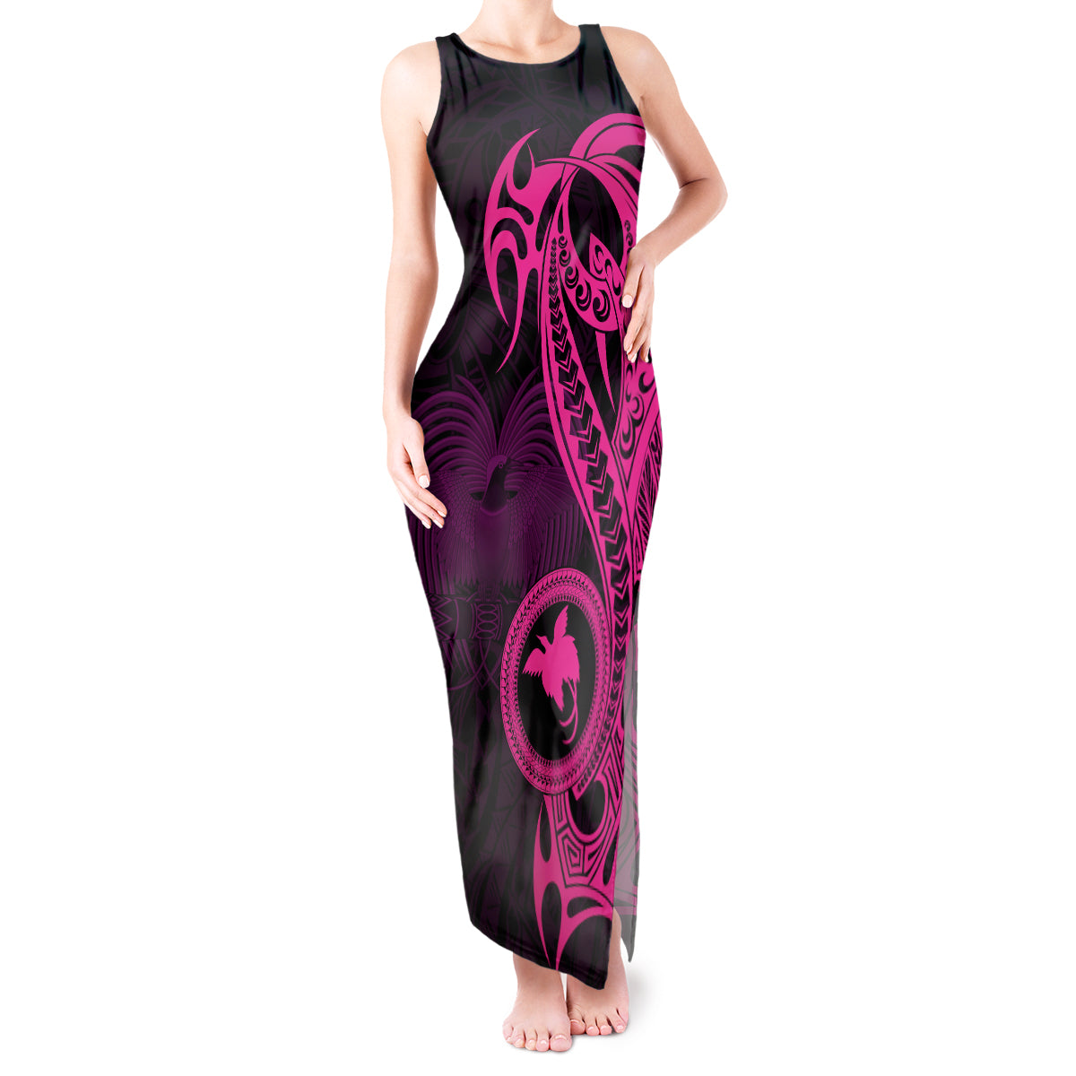 Papua New Guinea Island Tank Maxi Dress Bird of Paradise with Pink Polynesian Tribal - Wonder Print Shop