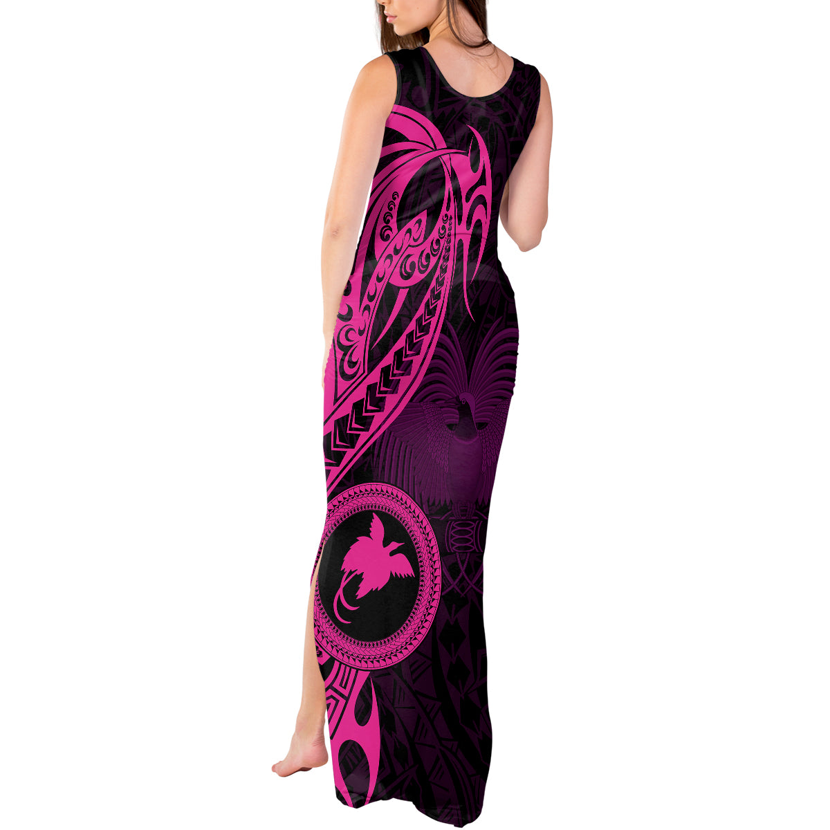 Papua New Guinea Island Tank Maxi Dress Bird of Paradise with Pink Polynesian Tribal - Wonder Print Shop