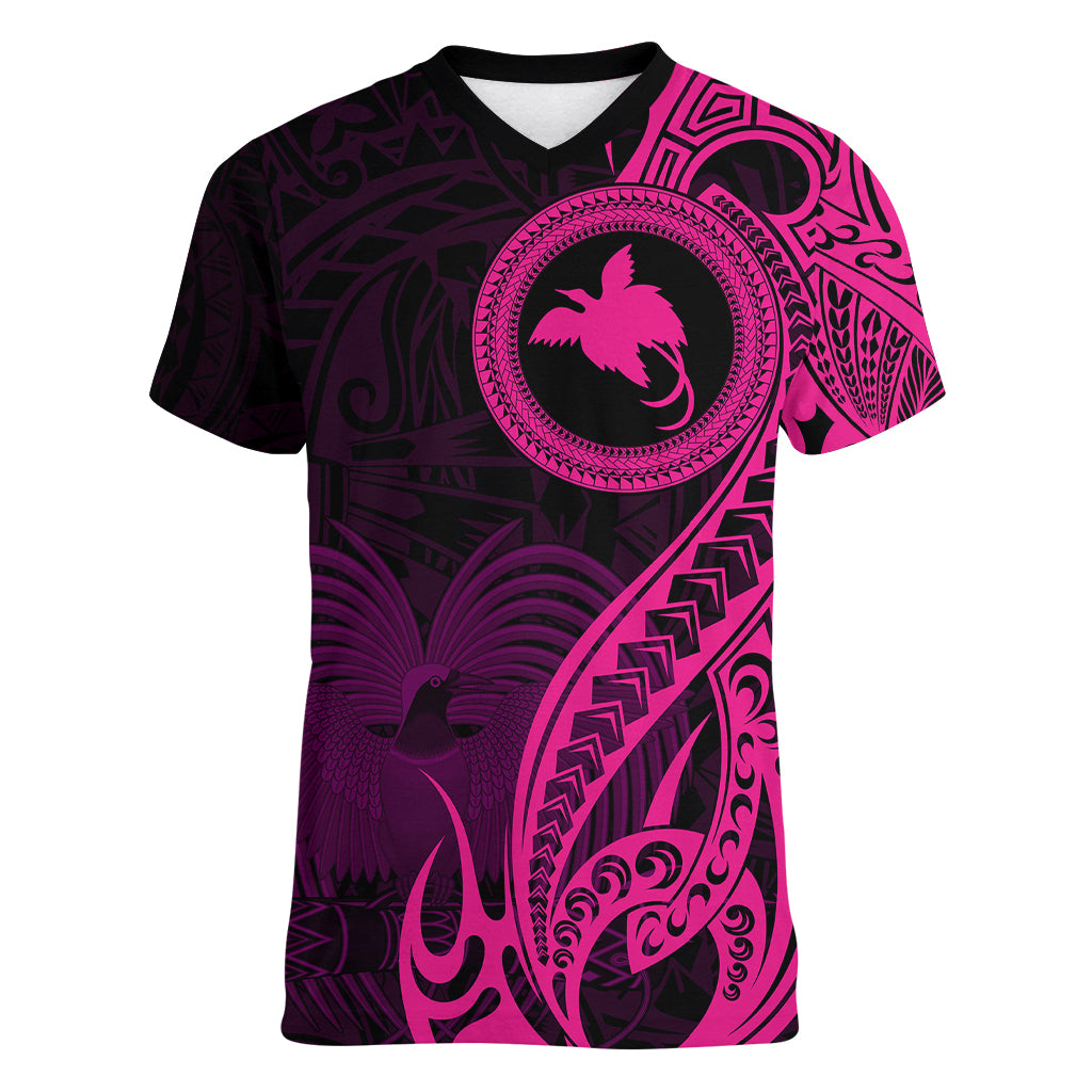Papua New Guinea Island Women V Neck T Shirt Bird of Paradise with Pink Polynesian Tribal - Wonder Print Shop