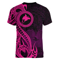 Papua New Guinea Island Women V Neck T Shirt Bird of Paradise with Pink Polynesian Tribal - Wonder Print Shop