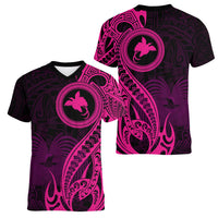Papua New Guinea Island Women V Neck T Shirt Bird of Paradise with Pink Polynesian Tribal - Wonder Print Shop