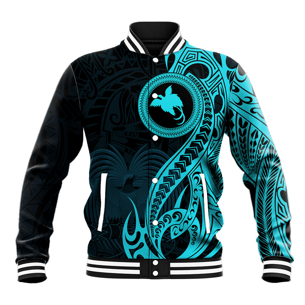 Papua New Guinea Island Baseball Jacket Bird of Paradise with Aqua Polynesian Tribal LT9 - Wonder Print Shop