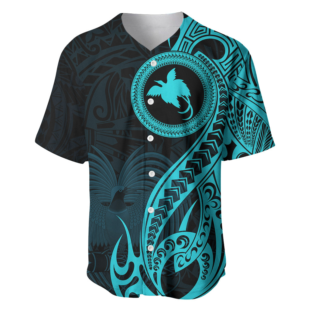 Papua New Guinea Island Baseball Jersey Bird of Paradise with Aqua Polynesian Tribal LT9 - Wonder Print Shop
