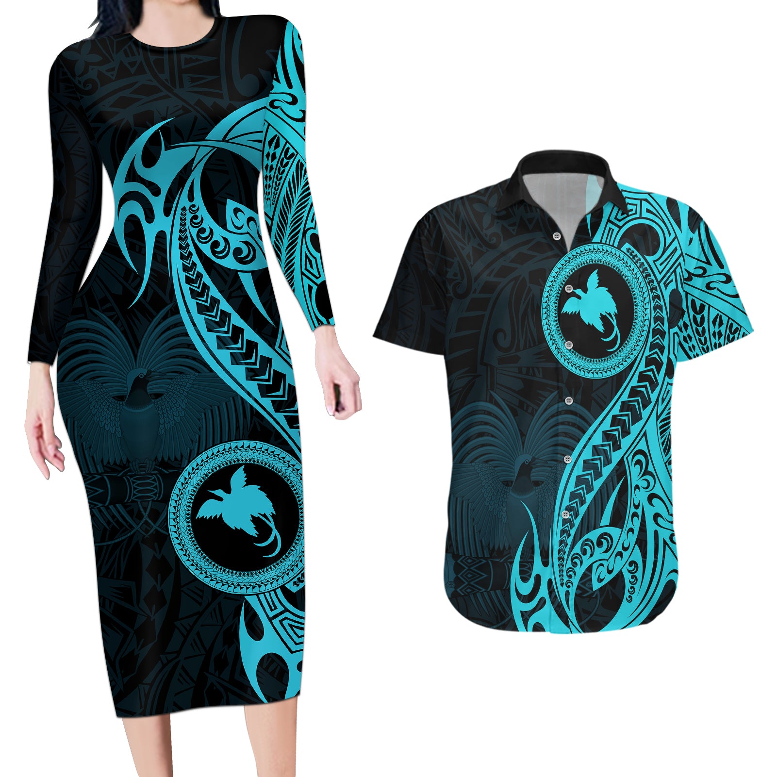 Papua New Guinea Island Couples Matching Long Sleeve Bodycon Dress and Hawaiian Shirt Bird of Paradise with Aqua Polynesian Tribal LT9 - Wonder Print Shop