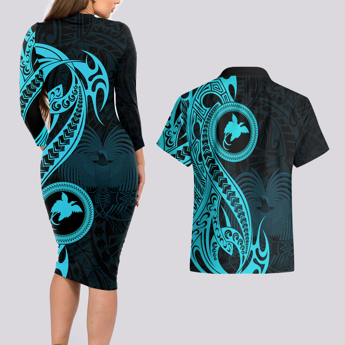 Papua New Guinea Island Couples Matching Long Sleeve Bodycon Dress and Hawaiian Shirt Bird of Paradise with Aqua Polynesian Tribal LT9 - Wonder Print Shop