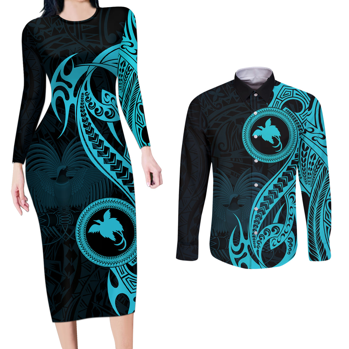 Papua New Guinea Island Couples Matching Long Sleeve Bodycon Dress and Long Sleeve Button Shirts Bird of Paradise with Aqua Polynesian Tribal LT9 - Wonder Print Shop