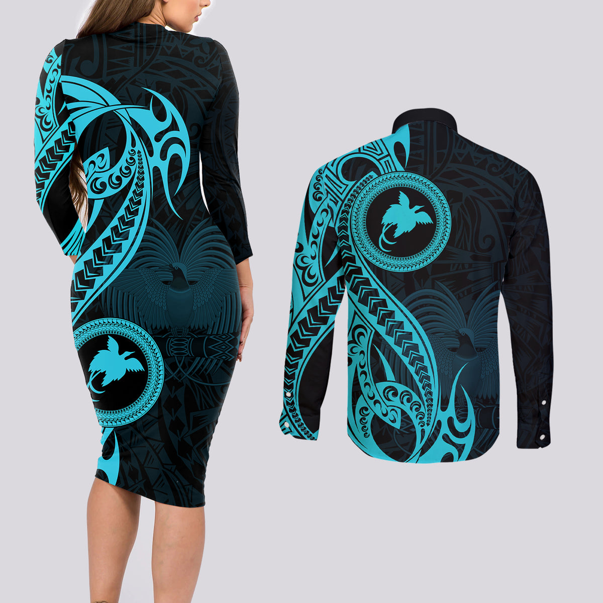 Papua New Guinea Island Couples Matching Long Sleeve Bodycon Dress and Long Sleeve Button Shirts Bird of Paradise with Aqua Polynesian Tribal LT9 - Wonder Print Shop