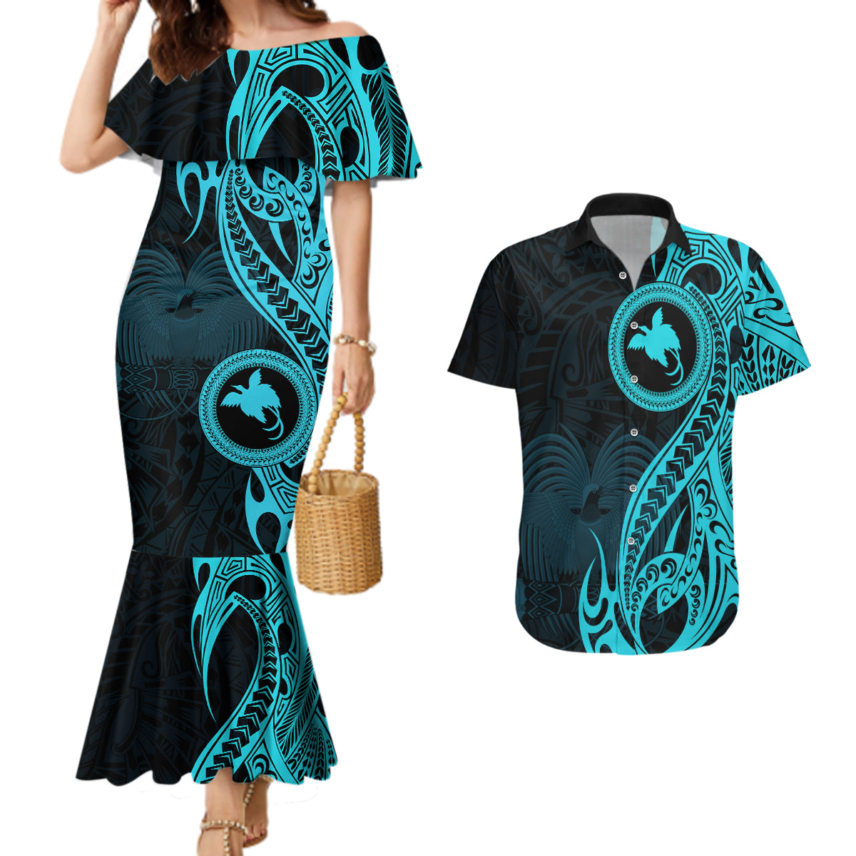 Papua New Guinea Island Couples Matching Mermaid Dress and Hawaiian Shirt Bird of Paradise with Aqua Polynesian Tribal LT9 - Wonder Print Shop