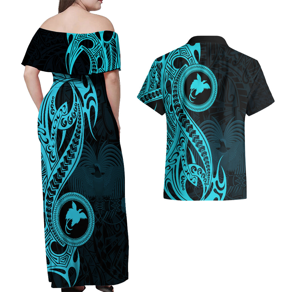 Papua New Guinea Island Couples Matching Off Shoulder Maxi Dress and Hawaiian Shirt Bird of Paradise with Aqua Polynesian Tribal LT9 - Wonder Print Shop