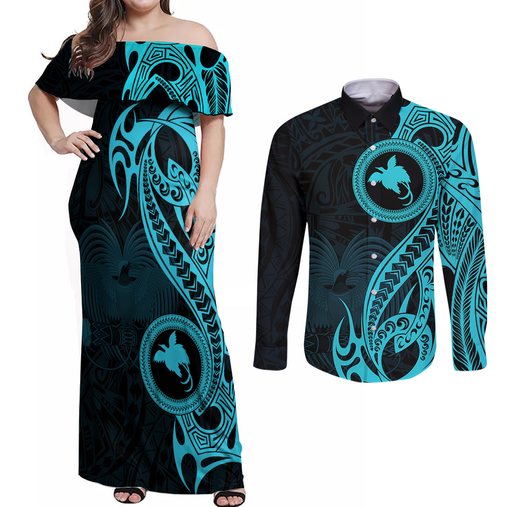 Papua New Guinea Island Couples Matching Off Shoulder Maxi Dress and Long Sleeve Button Shirts Bird of Paradise with Aqua Polynesian Tribal LT9 - Wonder Print Shop