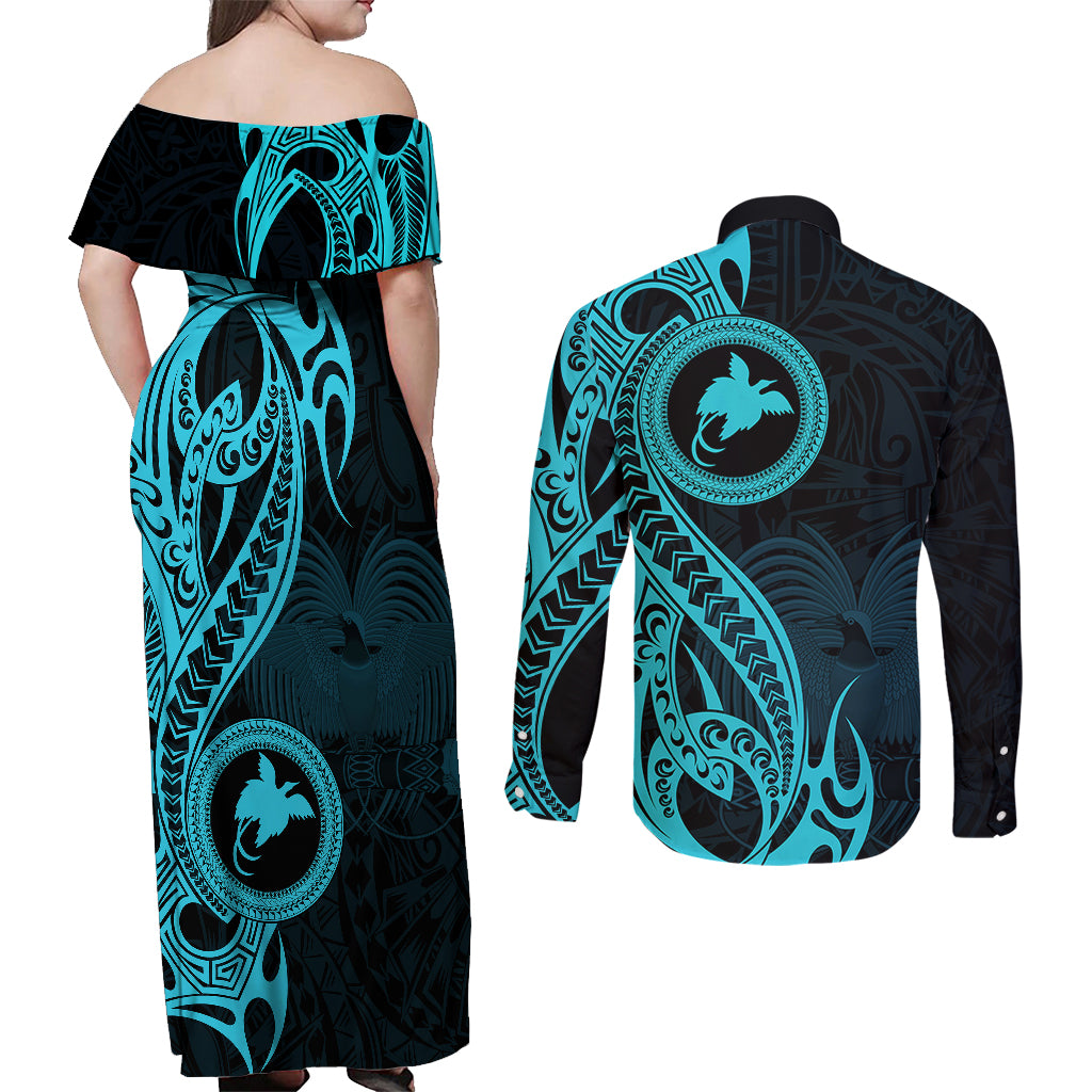 Papua New Guinea Island Couples Matching Off Shoulder Maxi Dress and Long Sleeve Button Shirts Bird of Paradise with Aqua Polynesian Tribal LT9 - Wonder Print Shop