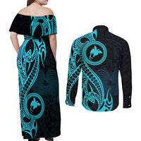 Papua New Guinea Island Couples Matching Off Shoulder Maxi Dress and Long Sleeve Button Shirts Bird of Paradise with Aqua Polynesian Tribal LT9 - Wonder Print Shop