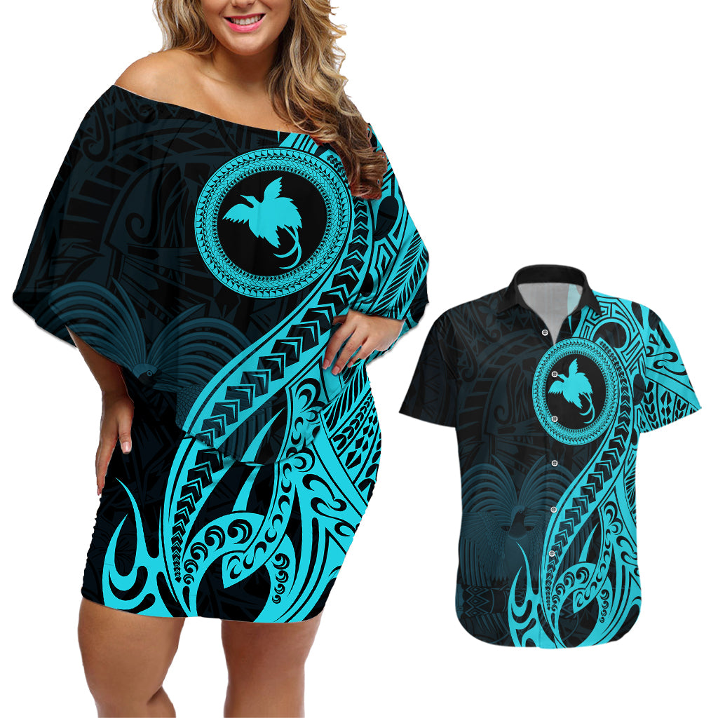 Papua New Guinea Island Couples Matching Off Shoulder Short Dress and Hawaiian Shirt Bird of Paradise with Aqua Polynesian Tribal LT9 - Wonder Print Shop